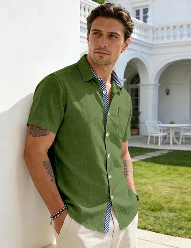 Vista 3 de Camisas con botones para hombre, manga corta, casual, verano, playa, vacaciones, boda, con bolsillo