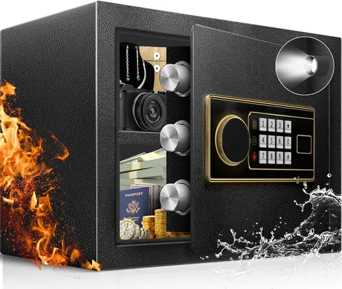 Vista 10 de Caja de seguridad para el hogar, caja de seguridad de acero para oficina y hogar, teclado electrónico digital, sistema de alarma y estante