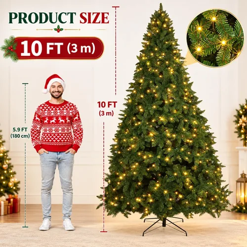 Vista 2 de Árbol de Navidad artificial preiluminado de 10 pies, árbol de Navidad verde con 600 luces LED, 1000 puntas de ramas de PVC, soporte de metal