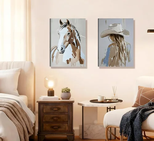 Vista 2 de 2 piezas de arte de pared enmarcado de vaquera occidental con sombrero chica vaquera y caballo, impresión en lienzo, póster, pintura al óleo