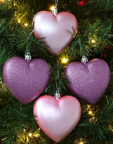 Vista 2 de Bolas en forma de corazón de 4 a 3.937 in, diseño mate y purpurina, adornos de Navidad (rosa bebé)