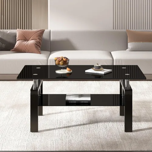 Vista 5 de Mesa de centro moderna de vidrio, mesas de té de vidrio templado negro de 2 niveles para sala de estar, rectangular de 39.4 x 23.7 x 17.72 pulgadas