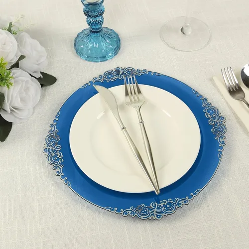 Vista 26 de Efavormart - Paquete de 10 platos de postre barrocos negros y dorados de 8 pulgadas, platos de aperitivo resistentes con borde metálico en relieve