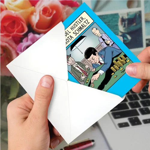 Vista 6 de NobleWorks Divertida tarjeta de papel de Janucá con sobre de 5 x 7 pulgadas (1 tarjeta) Tarjetas de festividades judías Dreidel Hustler C8770HKG