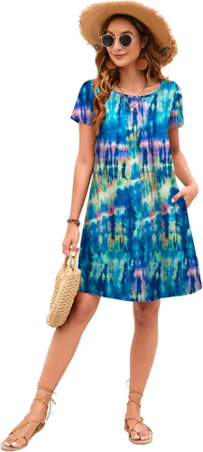 Vista 3 de Sherosa - Vestido de verano sin mangas o con manga corta, estampado floral, con bolsillos, casual, suelto, con vuelo, vestido estilo camiseta
