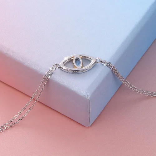 Vista 5 de Brazalete con cadena doble, con dije para mal de ojo, de plata de ley 925 y circonio cúbico, para mujer.