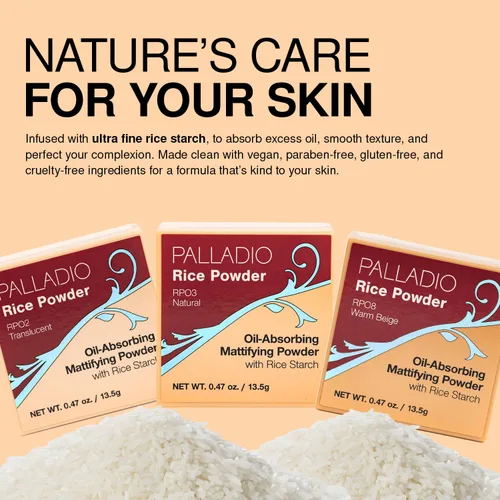 Vista 7 de Palladio, Polvo de arroz suelto que absorbe las hojas de aceite, aspecto y sensación suave, ayuda al maquillaje a durar más tiempo para un aspecto