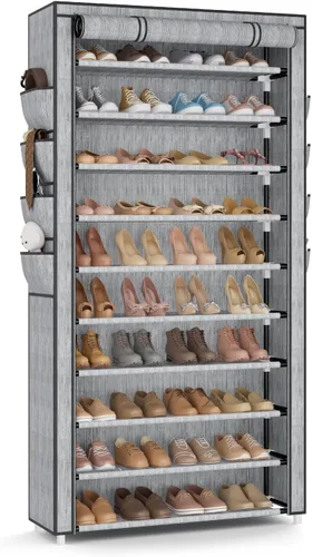 Vista 11 de VTRIN Zapatero con tapa, organizador de zapatos de 7 niveles para 35-40 pares de zapatos y botas, estante alto de gran capacidad con 8 bolsillos