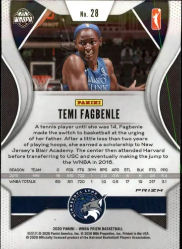 Vista 2 de 2020 Prizm WNBA Ice Refractor #28 Temi Fagbenle Minnesota Lynx Official Panini America Women's Basketball Trading Card