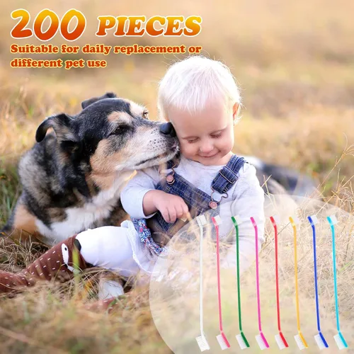 Vista 7 de Nuogo - 200 cepillos de dientes para perros, mango largo de doble cabeza, 8 colores, gatos y perros Bulk 200 Pack, fits large and small breeds