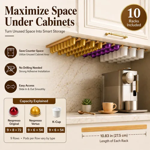 Vista 5 de Soporte para tazas K, soporte de madera para cápsulas de café, 10 piezas debajo de los gabinetes de montaje en pared vertical/horizontalmente