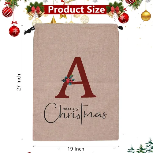 Vista 2 de Subyan Bolsa de regalo de Navidad de arpillera de 27 x 23 pulgadas, extra grande, reutilizable, personalizada, con monograma, con cordón