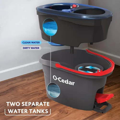Vista 5 de O-Cedar Sistema de limpieza de suelos con cubo y fregona giratoria de microfibra RinseClean y 4 recambios adicionales de cabezal de mopa