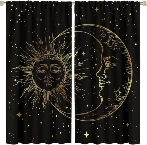 Vista 83 de Cortinas opacas con diseño de sol y luna, cuerpos celestes bohemios, con diseño de sol, luna y estrellas, para sala de estar, dormitorio, 42 x 45