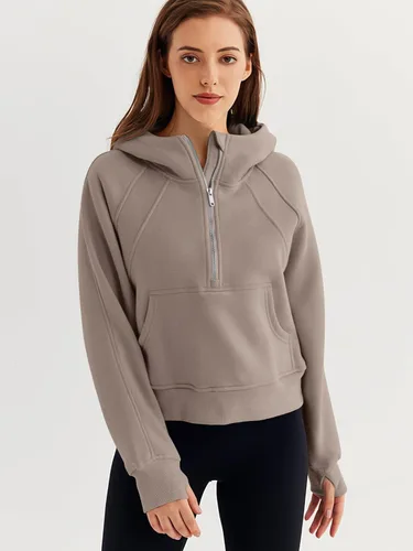 Vista 2 de WYNNQUE Sudadera corta con capucha para mujer, manga larga, forro polar, media cremallera, ropa de otoño