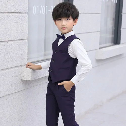Vista 3 de Traje para niños y niños, camisa de vestir blanca ajustada+chaleco+pantalones largos+corbatín 4 piezas anillo de boda portador esmoquin traje formal