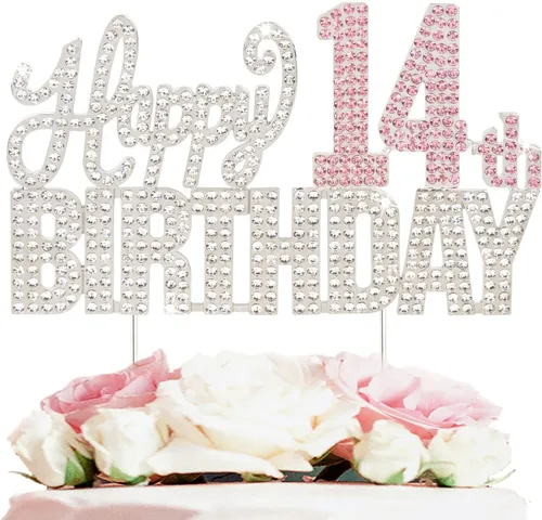 Vista 22 de Decoración de pastel de diamantes de imitación rosa y plateado con texto en inglés "Cheers to 11 Years Old Eleven Bday" de metal brillante
