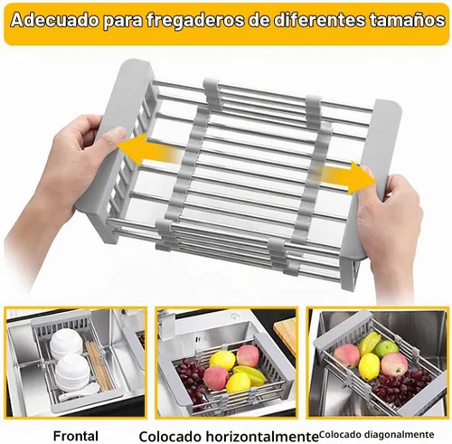 Vista 3 de LUEXBOX Escurridor extensible para secar platos sobre el fregadero, cesta escurridor de acero inoxidable con brazos ajustables para verduras y Gris