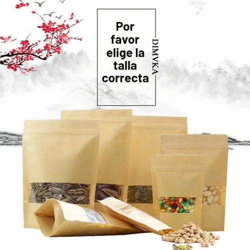 Vista 5 de 100 bolsas de papel kraft resellables con ventana para productos de embalaje, bolsas reutilizables con cierre de cremallera para almacenamiento
