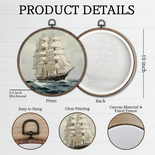 Vista 7 de Giosve Póster enmarcado redondo de velero náutico para pared, diseño de barco costero, playa, océano, velero, esculturas de pared para decoración