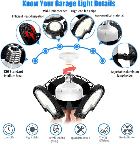 Vista 3 de Luces LED de garaje, 80 W, LED deformable, luces de techo 12000 LM, CRI 80 LED, Luces de Tienda para Garaje, Luces de Garaje con 3 paneles