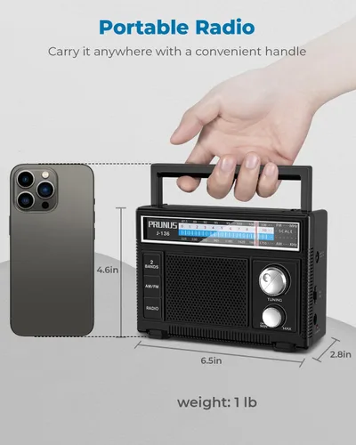 Vista 2 de PRUNUS J-136 Radio AM FM portátil con la mejor recepción, funciona con pilas D o enchufe en la pared, radio transistor, soporte de altavoz AUX
