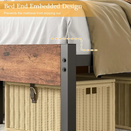 Vista 8 de VECELO Base de cama tamaño individual, plataforma de metal resistente con cabecera de madera, no necesita somier, color marrón antiguo