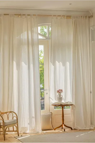 Vista 29 de Cortinas semitransparentes de 100 % lino para sala de estar, juego de cortinas largas plisadas de estilo bohemio neutro para decoración de casa