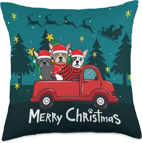 Vista 5 de French Bulldog Frenchie truck Christmas Almohada divertida para regalo de Navidad, diseño de bulldog francés, diseño de camión de Navidad, 16 x 16