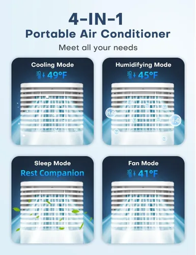 Vista 2 de Aire acondicionado portátil 4 en 1, enfriador de aire evaporativo con 4 modos y 3 velocidades, temporizador de 15 horas para apagado automático