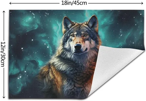 Vista 2 de 6 PCS PVC Placemats Set Place Mats A Wolf Stands in Front of The Starry Sky Non-Slip Weave Place Mats 12" x 18" Farmhouse Table Mat Set for Family