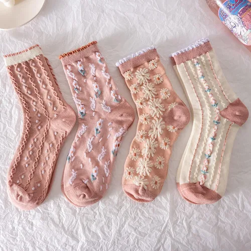Vista 2 de Juego de 6 pares de calcetines de algodón transpirables de punto floral para mujeres y niñas