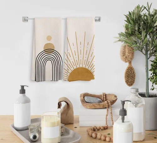 Vista 4 de Juego de 2 toallas de cocina y paños de cocina bohemios abstractos con diseño de amanecer y atardecer, diseño bohemio, para baño, cocina, 16 x 24