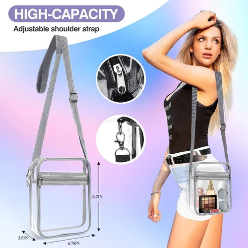 Vista 11 de Bolsa transparente aprobada para estadios, bolsa cruzada transparente, con correa de hombro ajustable para mujer, con bolsillo frontal