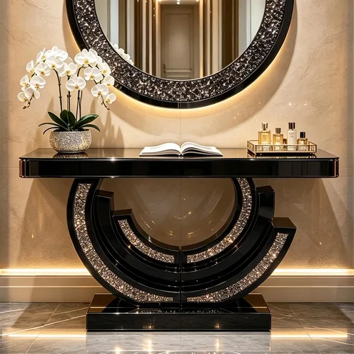 Vista 42 de Mesa Consola Negra con Espejo, Mesa de Sofá de Cristal Rectangular de 48 pulgadas con Elementos Tallados Vintage con Espejo, Muebles de Espejo