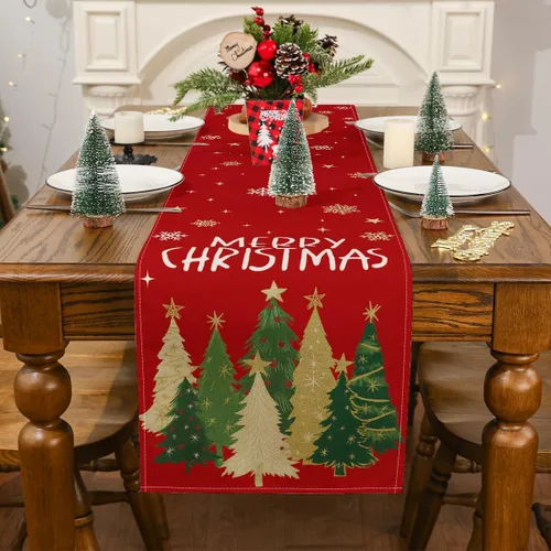 Vista 2 de Camino de Mesa de Navidad, Árboles Copos de Nieve Feliz Navidad Camino para Mesa Estacional Invierno Año Nuevo Vacaciones Hogar Fiesta Decoración