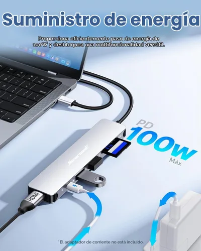 Vista 3 de Hiearcool - Hub USB C 7 en 1, compatible con MacBook, color plateado 4K @30Hz HDMI, 100W PD