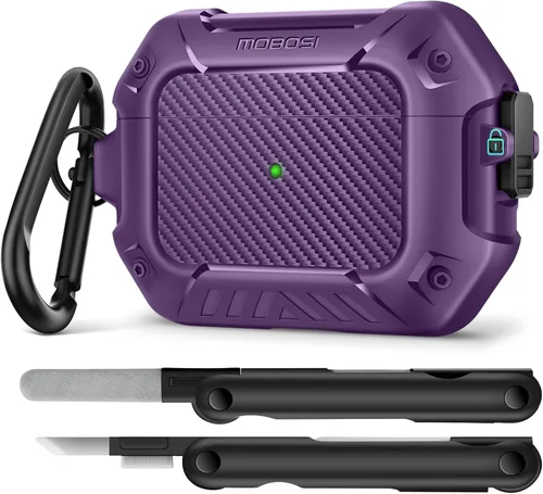 Vista 21 de MOBOSI Funda para Airpods Pro 2, compatible con AirPods Pro de 2ª/1ª generación con bloqueo, llavero y kit de limpieza, carcasa rígida protectora a