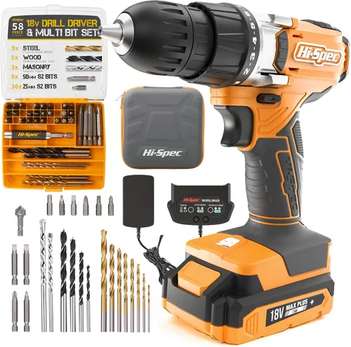 Vista 8 de Hi-Spec Juego de taladro inalámbrico rosa, taladro eléctrico de 18 V con batería y cargador, incluye juego de destornillador/brocas para madera
