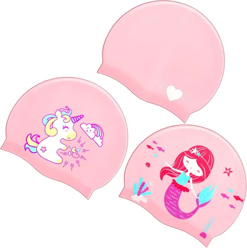 Vista 8 de Sintuff 3 Pcs Kids Swim Caps Toddlers Swimming Caps Silicone Swim Cap for Boys Girls (Age 4-12) Baby Waterproof Cartoon Bathing Hats for Long and