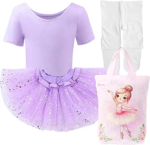 Vista 9 de Dancina Conjunto de ballet para niñas y niños pequeños, leotardo de algodón con tutú brillante y medias de baile a juego Conjunto de traje rosa