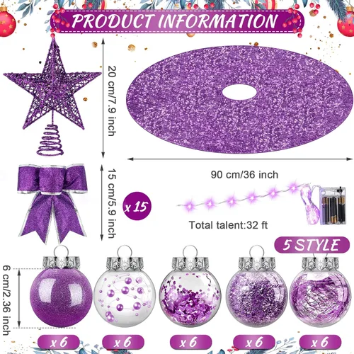 Vista 2 de Hiboom Juego de 48 piezas de decoraciones de árbol de Navidad morado, estrella de purpurina, topper de árbol con lentejuelas, falda de árbol
