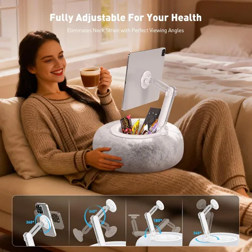 Vista 5 de AboveTEK Soporte de almohada Kindle, soporte magnético para iPad para cama con cuenco de aperitivo, almohada suave ajustable de 360° para leer, Gris