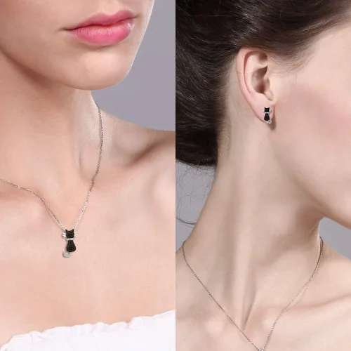 Vista 5 de Gem Stone King Juego de colgante y aretes de plata de ley 925 con circonita negra de gato con cadena de plata de 18 pulgadas, Metal, Circonita cúbica