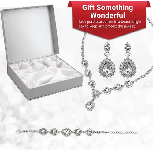 Vista 6 de Shop LC Costume Jewelry Set for Women Teardrop Necklace Bracelet Earrings Crystal Bridal Wedding Jewelry Sets for Brides Bridal Necklace 20" &