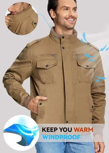 Vista 3 de EKLENTSON Chaqueta térmica gruesa de invierno para hombre con múltiples bolsillos con cremallera frontal forro polar chaqueta militar para hombre