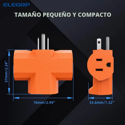 Vista 6 de ELEGRP Extensor de Energía de Servicio Pesado de 3 Clavijas a Triple Toma en Dirección T, Extensor de Toma de Pared Multidireccional con Conexión a