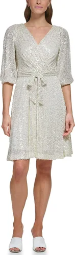 Vista 6 de DKNY Vestido de lentejuelas con cinturón y manga de globo 3/4 para mujer Chocolate