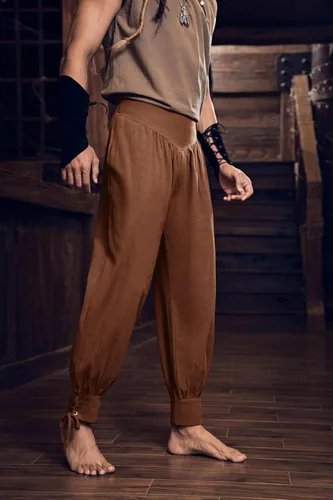 Vista 3 de Pantalones de tobillo de pirata medieval para hombre, disfraz vikingo renacentista con cordones, pantalones de navegador con bandas cónicas