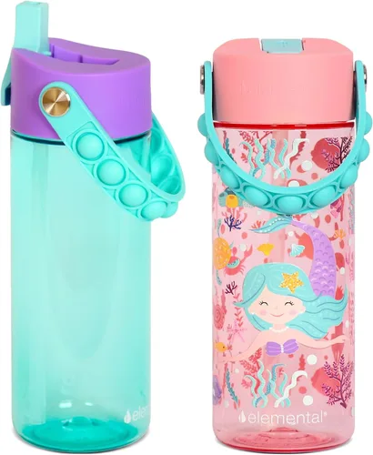 Vista 12 de Elemental Botellas de agua para niños – Botella de agua para niños Splash para la escuela con mango Pop-it – Botella de agua de plástico Tritan sin